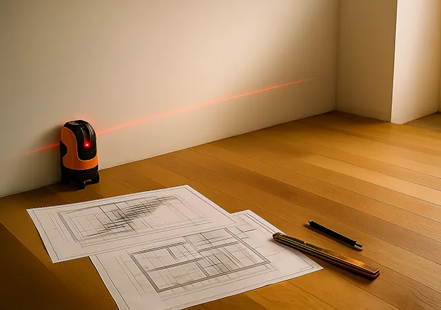 Laser und Konstruktionspläne in einem leeren Raum