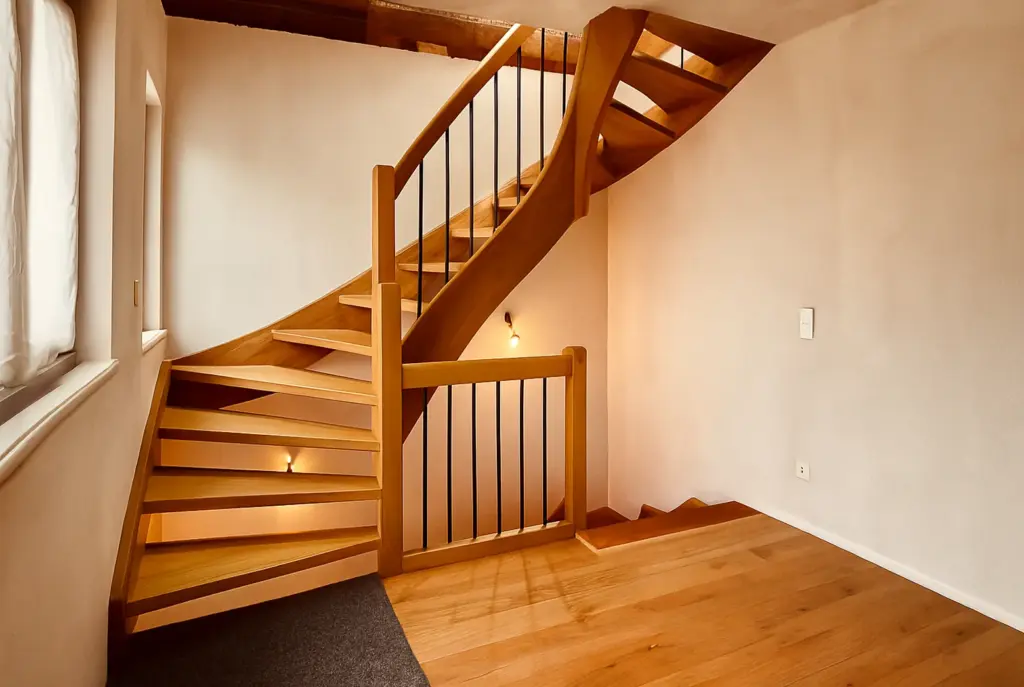 Eine moderne Holztreppe mit Metallgeländer schlängelt sich in einem hellen Raum mit Holzfußboden und weißen Wänden nach oben. Natürliches Licht fällt durch ein Fenster auf der linken Seite ein.