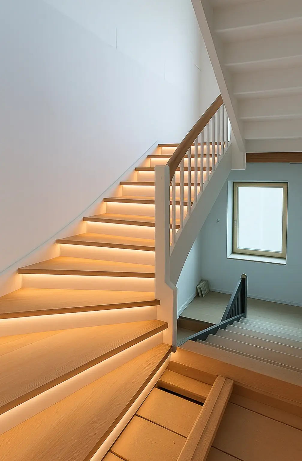 Eine moderne Holztreppe mit eingebauter LED-Beleuchtung auf jeder Stufe führt hinauf zu einem weißwandigen Treppenabsatz. Ein großes Fenster auf der rechten Seite lässt natürliches Licht herein, und der gesamte Raum wirkt hell und modern.