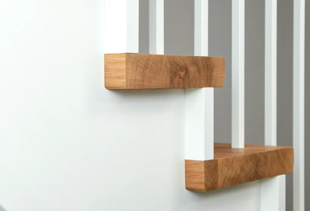 Nahaufnahme einer modernen Treppe mit weißem vertikalem Geländer und horizontalen Holzstufen und Handlauf, die sich durch klare Linien und ein minimalistisches Design auszeichnet.