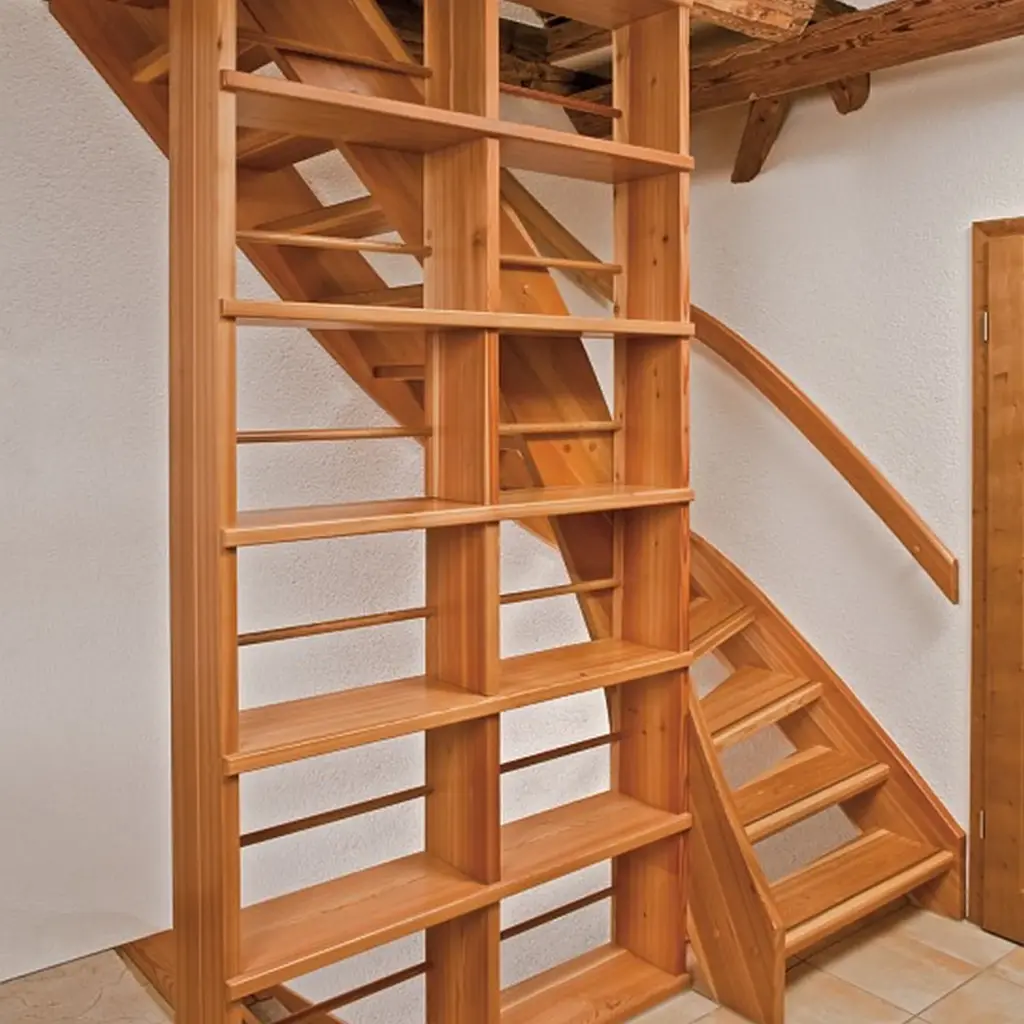 Ein Bücherregal aus Holz ist in eine Treppenstruktur eingebaut, wobei die Regale in die Stufen integriert sind. Das Design zeichnet sich durch natürliches Holz, klare Linien und eine offene, moderne Ästhetik in einem hellen Innenraum aus.