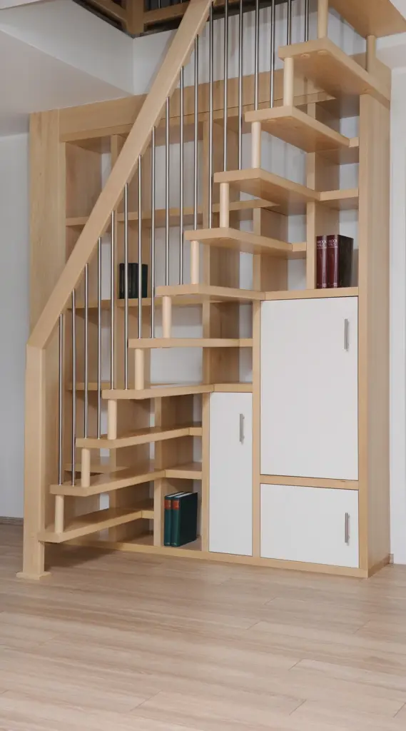 Eine moderne Holztreppe mit offenen Setzstufen und Metallgeländer, mit weißen Einbauschränken und darunter liegenden Regalen, in denen ein paar Bücher stehen. Der Boden ist aus hellem Holz und der Raum ist minimalistisch und hell.