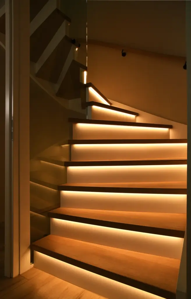 Eine moderne Holztreppe mit eingebauten warmen LED-Lichtbändern unter jeder Stufe, die einen Leuchteffekt erzeugen und die Stufen in einem schwach beleuchteten Innenraum beleuchten.