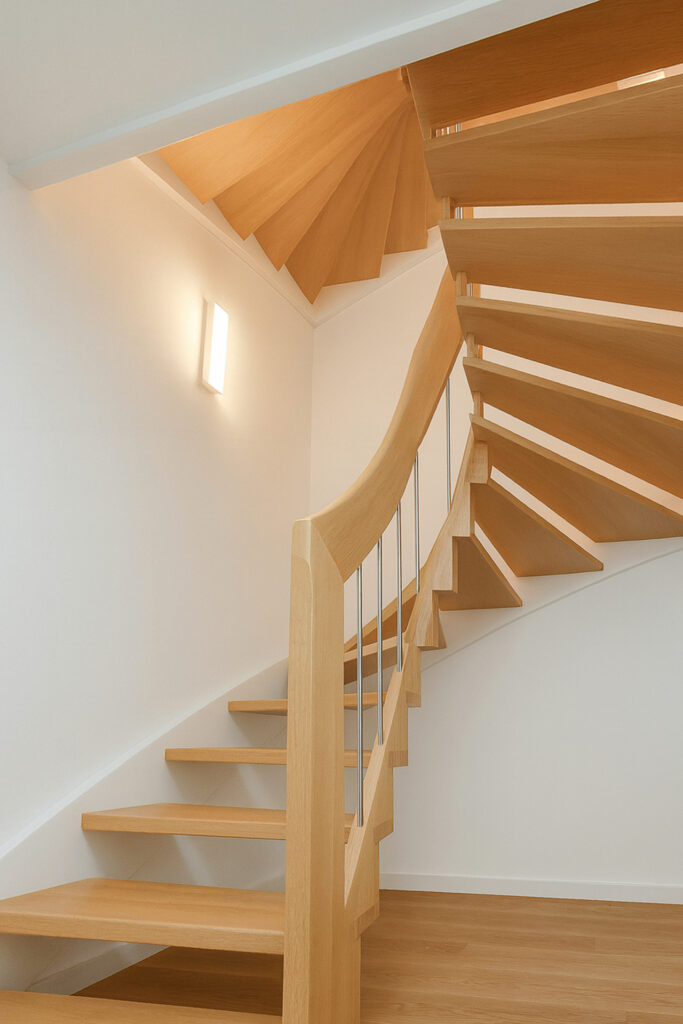 Eine moderne Holzspindeltreppe mit klaren Linien und Metallgeländer in einem hellen, weiß getünchten Innenraum.