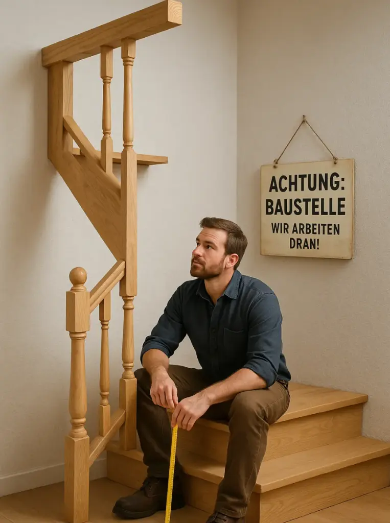 Ein Mann sitzt auf einer Holztreppe, hält ein Maßband in der Hand und blickt auf eine unfertige Treppe. Ein deutsches Schild an der Wand lautet: Achtung: Baustelle. Wir arbeiten dran! (Achtung: Baustelle. Wir arbeiten dran!).