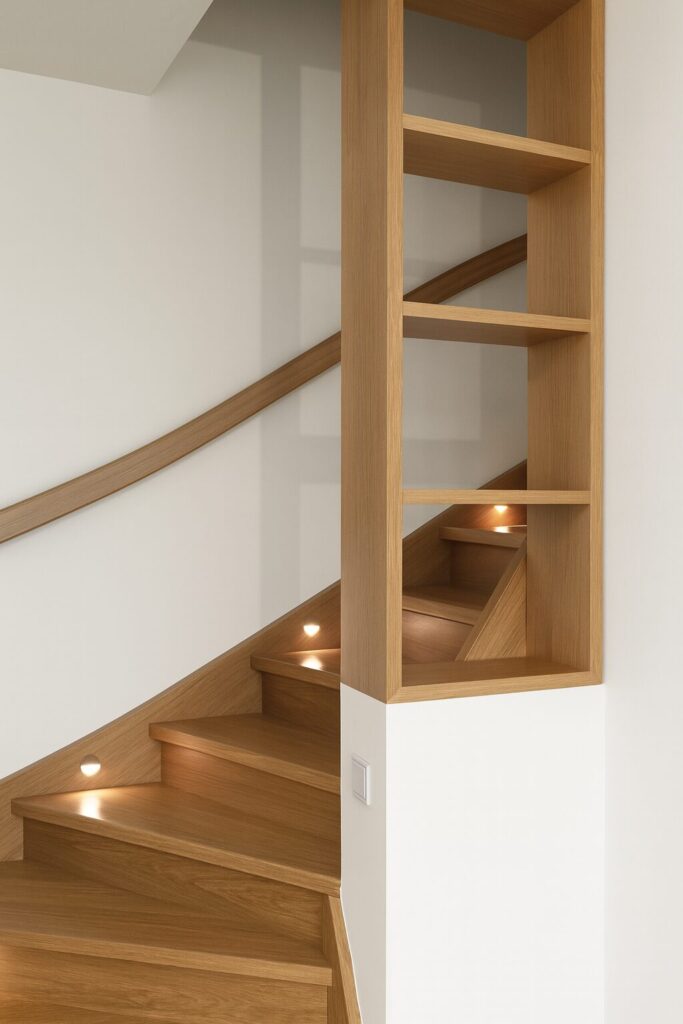 Eine moderne Holztreppe mit eingebauten Eckregalen und kleinen Einbauleuchten auf jeder Stufe, die sich entlang einer weißen Wand nach oben schlängelt.